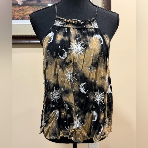 Sun and Moon Print Halter Top - Black and Tan - Picture 1 of 7